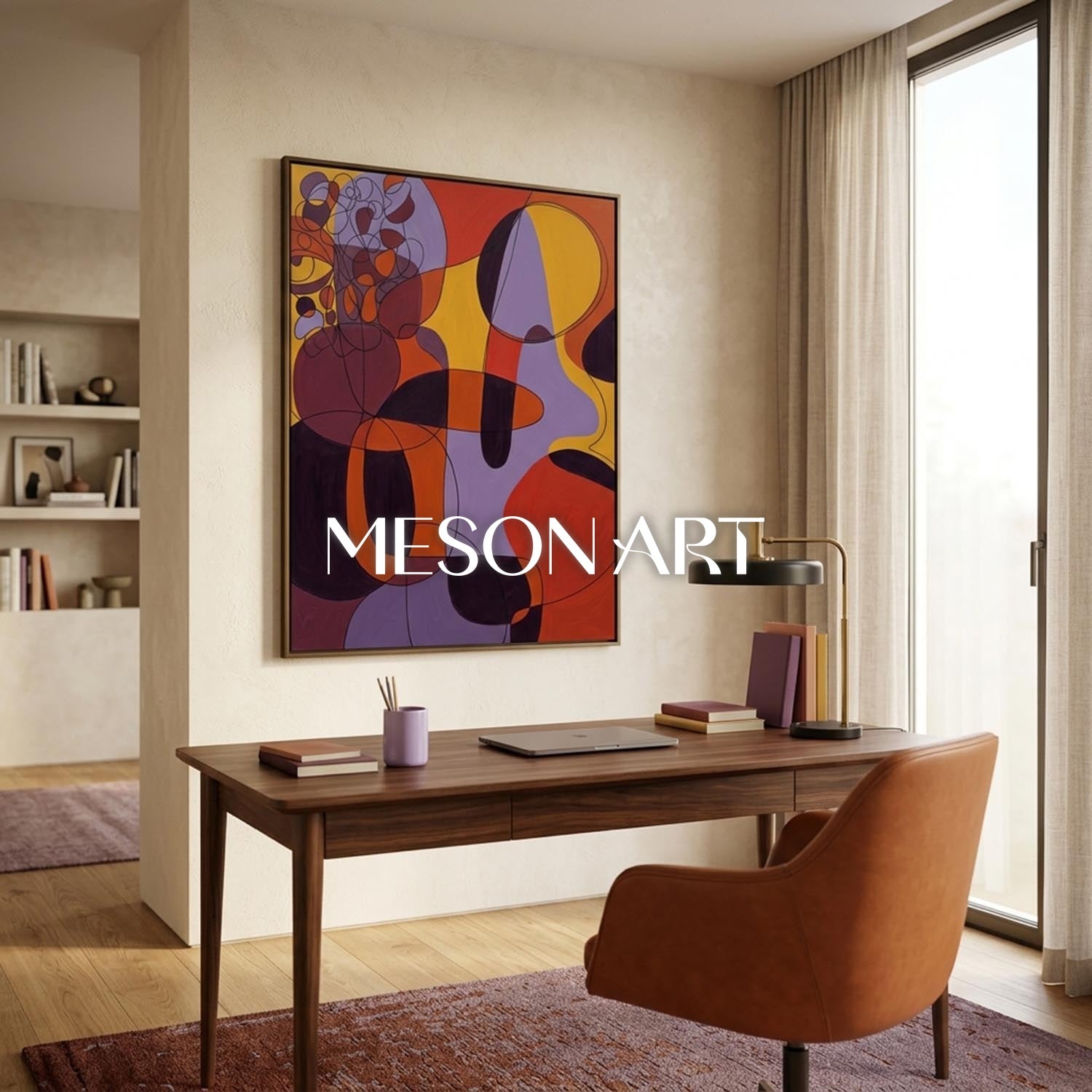 Contemporary Abstract Art With Orange And Purple For Modern Living Room Decor