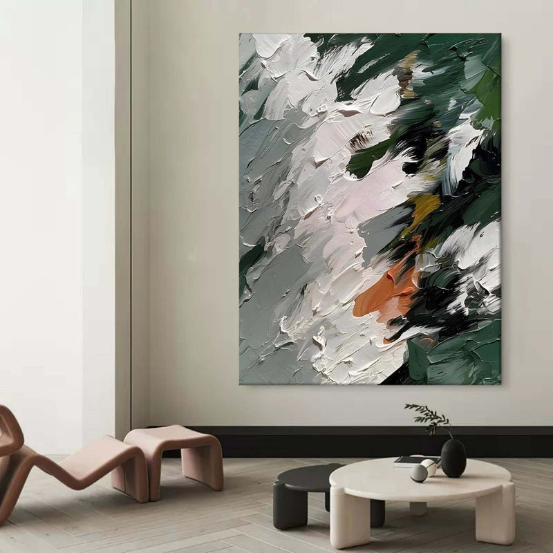 Green and White Abstract Canvas Painting for sale Green and White Textured Abstract Art on Canvas