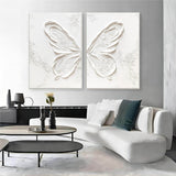 White Butterfly Texture Acrylic Canvas Painting Plaster Painting on Canvas Set of 2 Plaster Wall Art