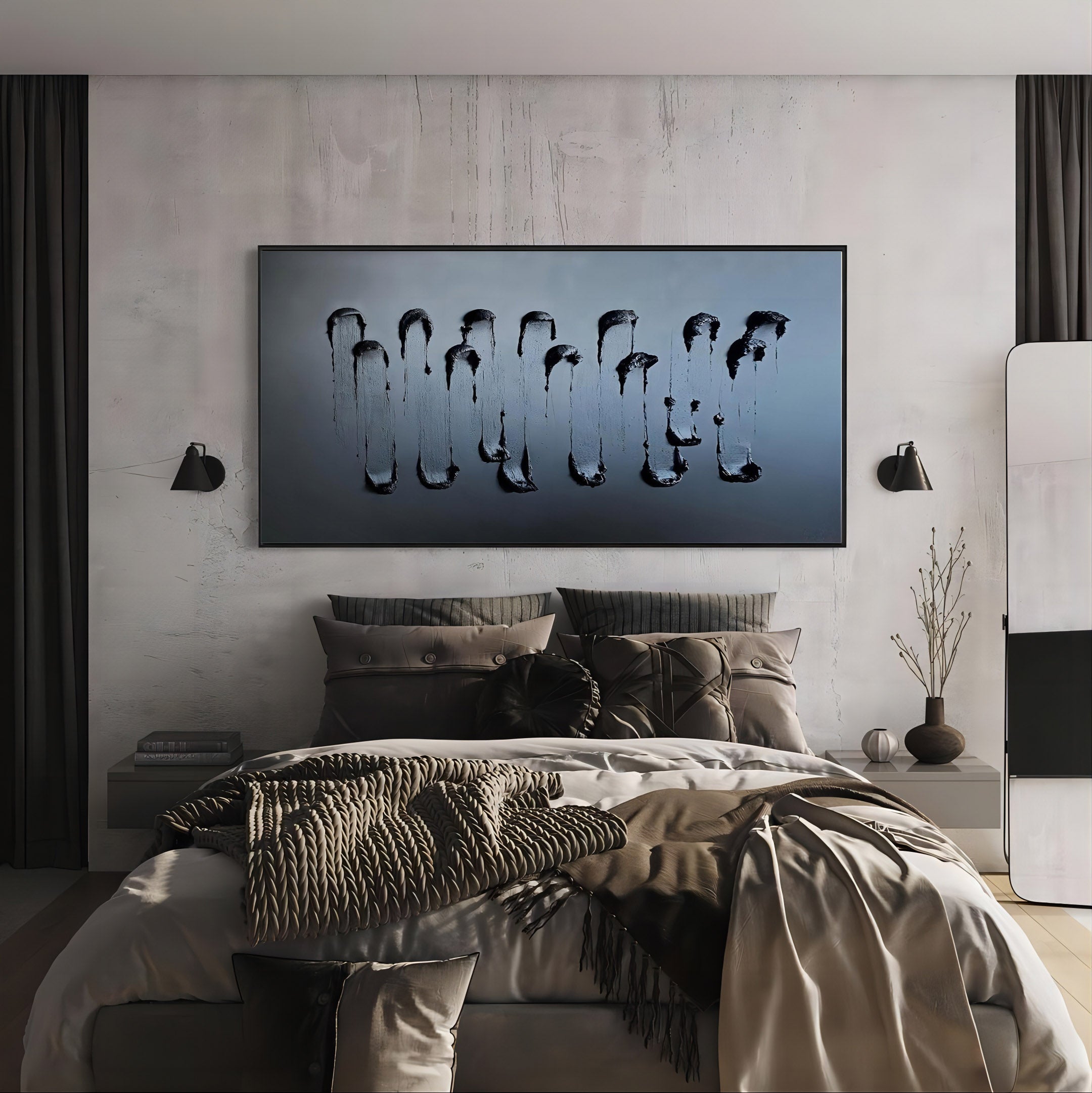 Large 3D Black Abstract Art Black Textured Wall Art Black Texture Acrylic Canvas Painting Black Art