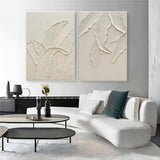 White Leaf Textured Canvas Art Set of 2 Heavy Textured Acrylic Painting Plaster Wall Art