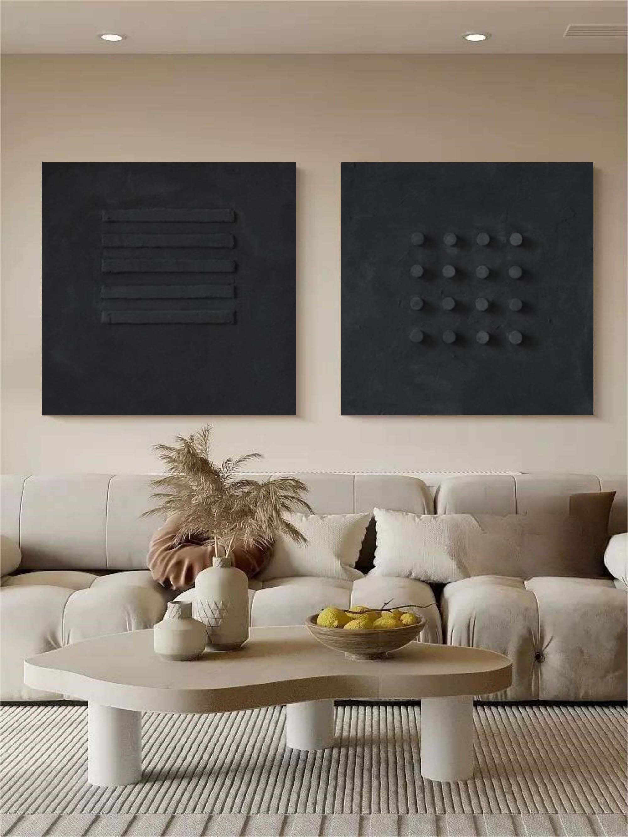 3D Black Textured Abstract Canvas Art Set of 2 Wabi Sabi Wall Art Black Minimalist Painting for Sale