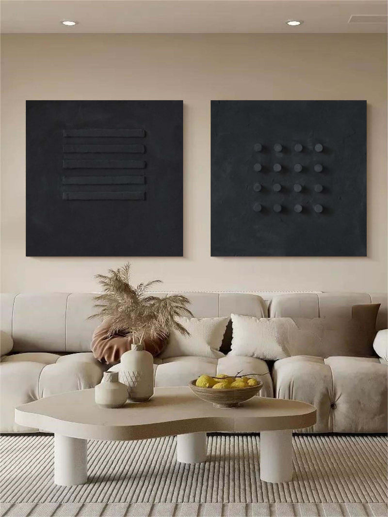 3D Black Textured Abstract Canvas Art Set of 2 Wabi Sabi Wall Art Black Minimalist Painting for Sale