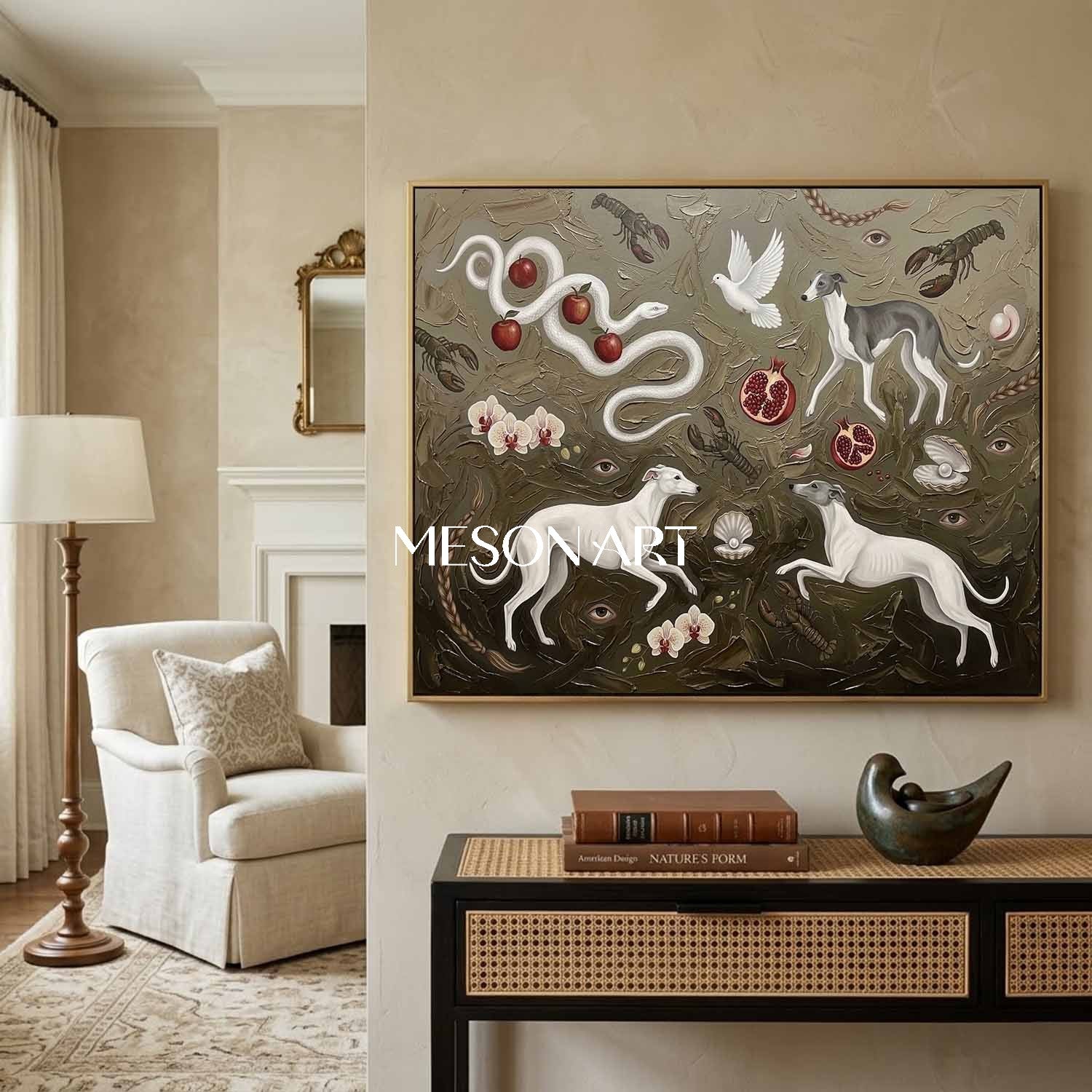 Original Surrealist Greyhound Painting Texture Wall Canvas Living Room