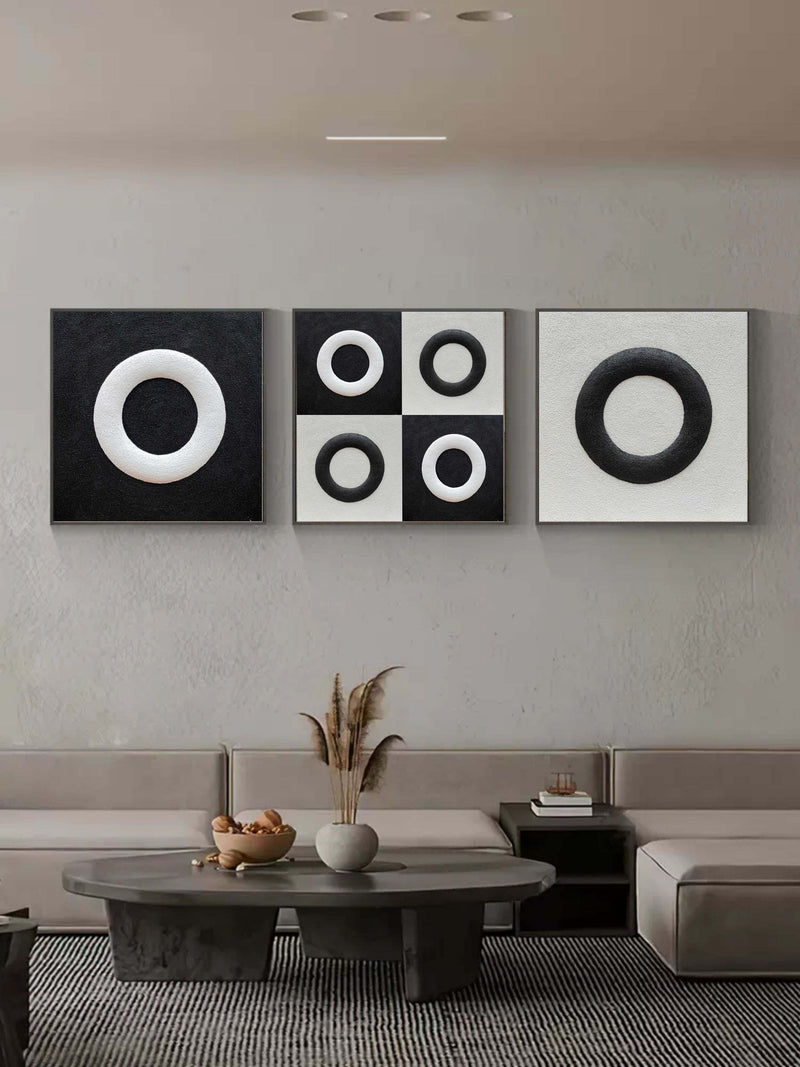 Black and White Circle Abstract Art Canvas Set of 3 Black and White Circle Paintings Circle Wall Art