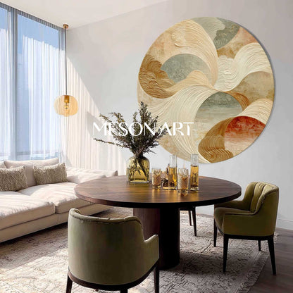 Modern Round Abstract Wall Art – Beige & Gold Textured Wave-Inspired Art