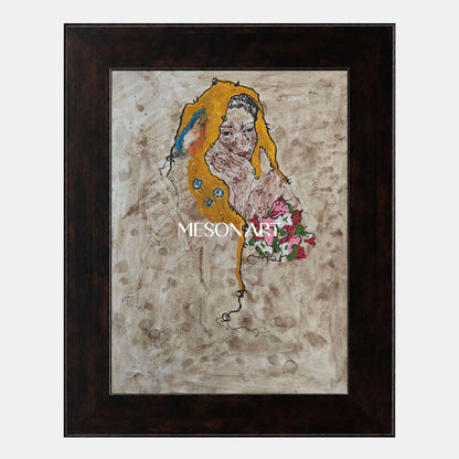 Modern Abstract Portrait Painting With Gold Accents For Living Room And Entryway Decor