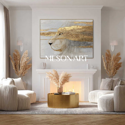 Golden Lion Abstract Painting Textured Animal Canvas Wall Art for Living Room