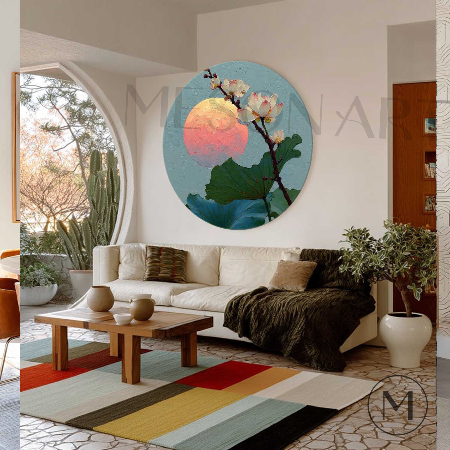 Sunset Lotus Bloom Round Art – Textured Canvas in Zen Pastel Tones Hand-Painted Canvas