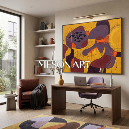 Contemporary Abstract Painting With Purple And Yellow For Modern Living Room Decor