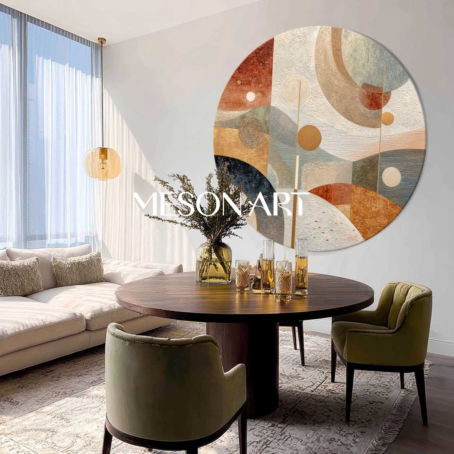 Bold Modern Round Abstract Wall Art – Red, Gold & Green Textured Canvas