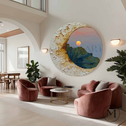 Moon Art on round canvas,Zen Sunset Botanical Wall Art,Painting,WABI-SABI Art