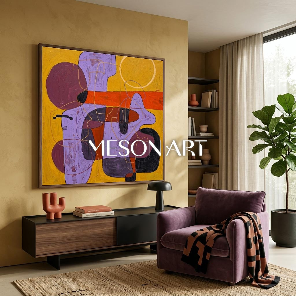 Contemporary Abstract Art With Yellow And Purple For Modern Home Decor