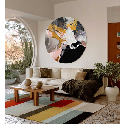 Modern Abstract Gold & Pink Round Wall Art Textured Modern Canvas Painting 