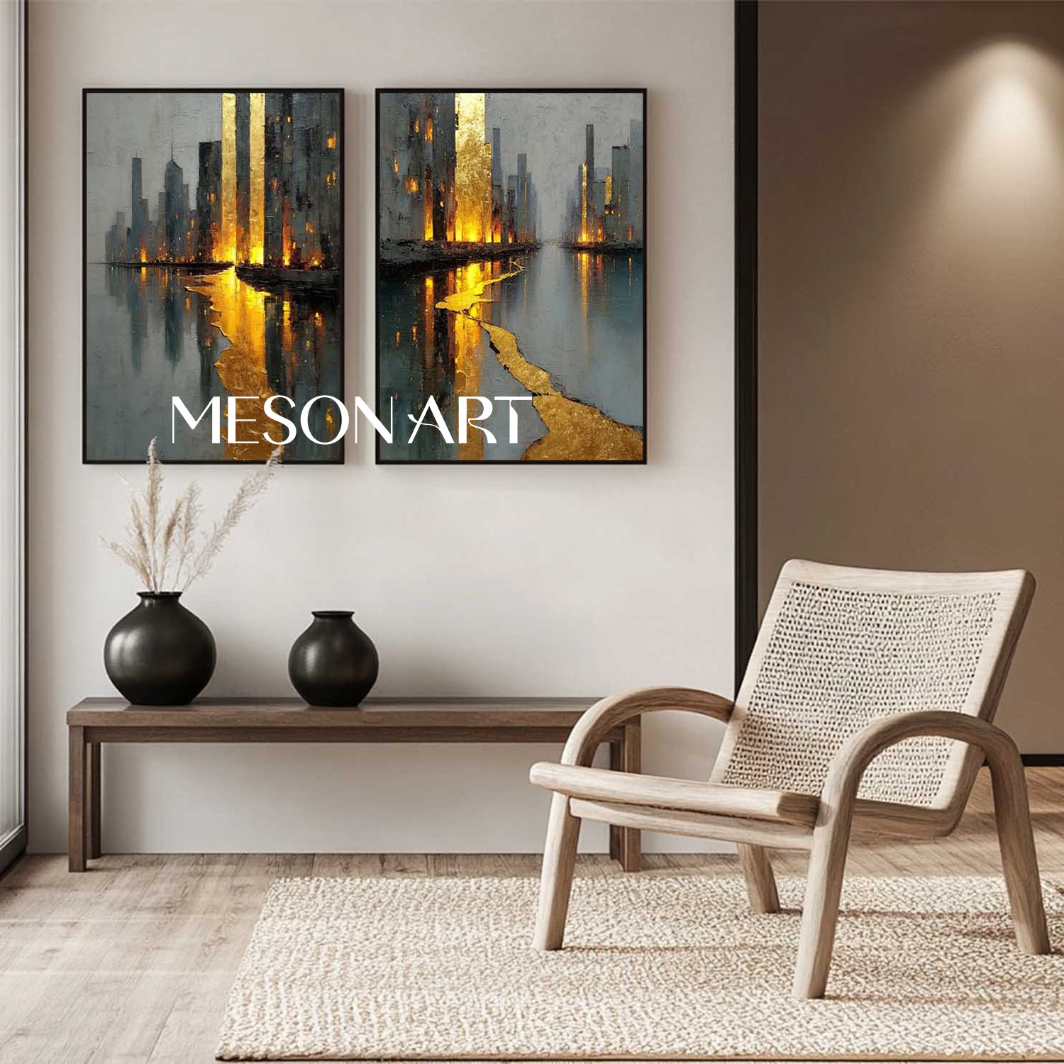 Modern Gold Abstract Wall Art Set of 2 Grey City Skyline Textured Canvas Paintings