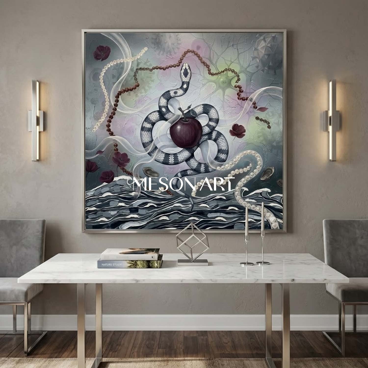 Original Surrealist Snake Oil Painting Apple Framed Wall Art Bathroom