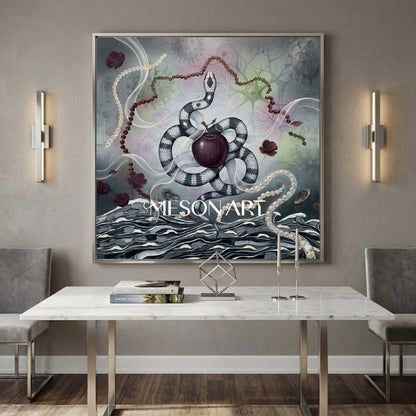 Original Surrealist Snake Oil Painting Apple Framed Wall Art Bathroom