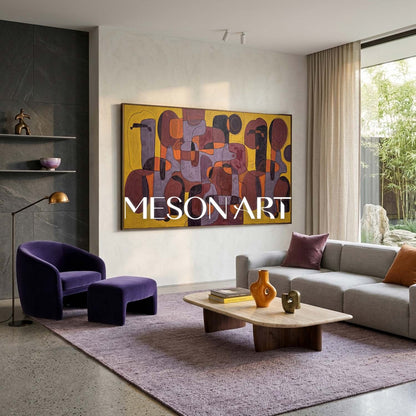 Contemporary Abstract Art Painting With Amber And Burgundy Tones For Modern Living Room Decor