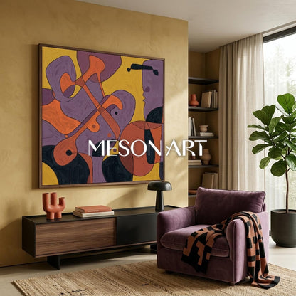 Contemporary Abstract Art With Violet And Amber Tones For Modern Living Rooms