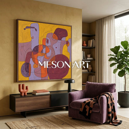 Contemporary Abstract Oil Painting With Orange And Blue Tones For Modern Living Room Decor