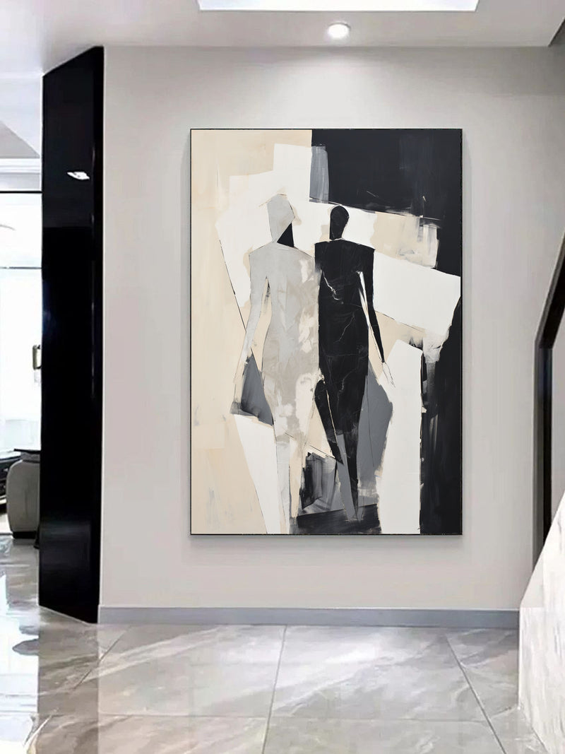 Black and Beige Couple Minimalist Wall Art Black and Beige Couple Abstract Texture Art Couple Pumping Painting on Canvas Contemporary Art