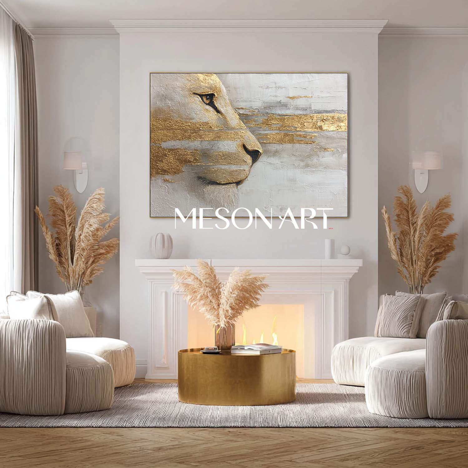 Large Lion Canvas Wall Art Hand-Painted Golden Abstract Animal Painting