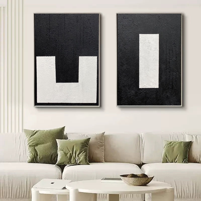 Black and White Art on Canvas Wabi Sabi Art Set of 2 Minimalist Black and White Oil Paintings