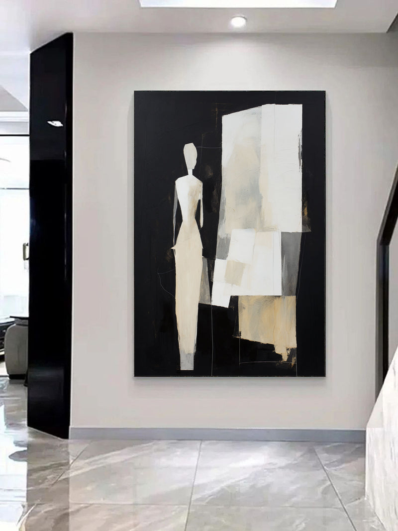 Abstract Lady Minimalist Wall Art Abstract Woman Canvas Art Black and Beige Abstract Woman Oil Painting Figure Texture Abstract Art Canvas
