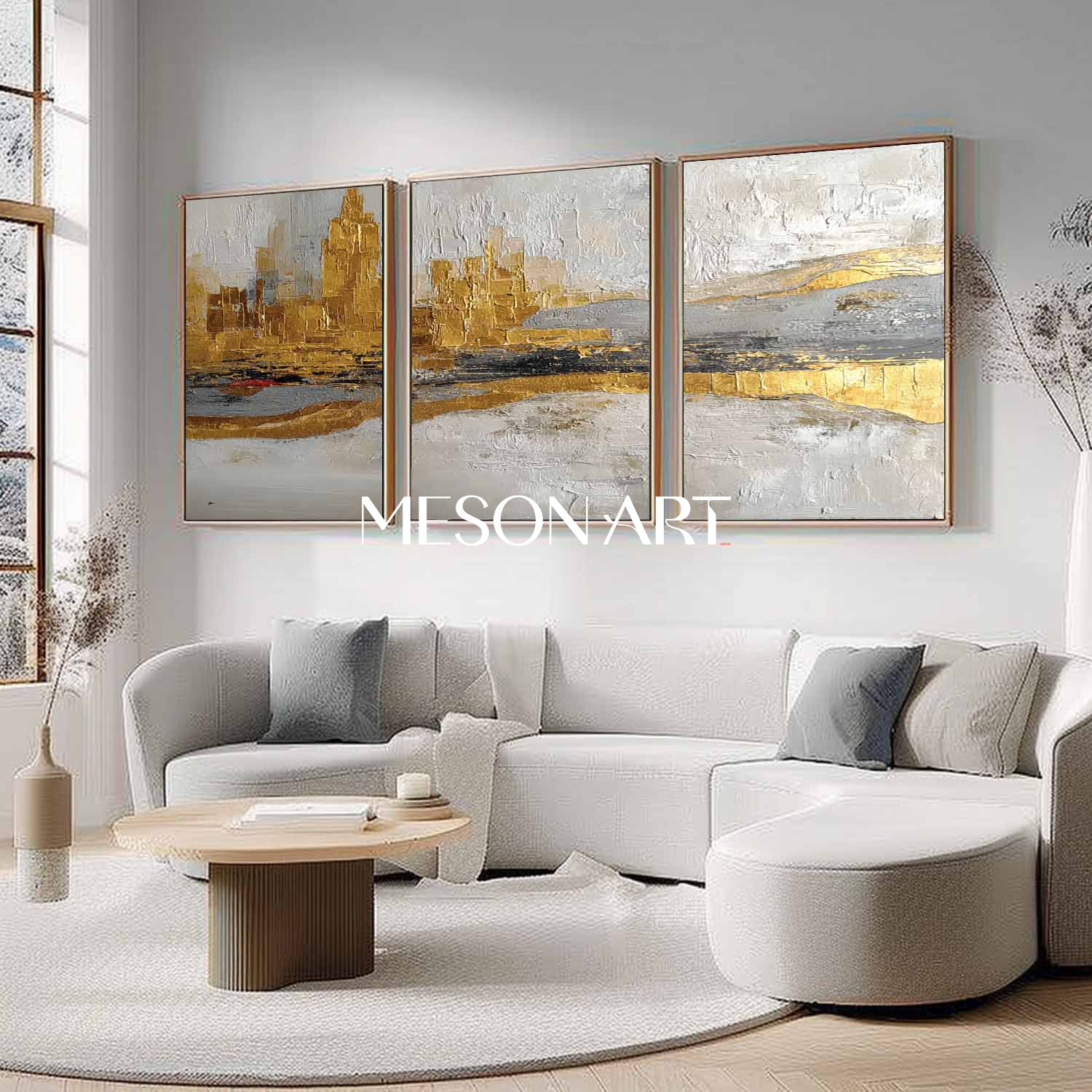 Modern Luxurious Abstract Canvas Wall Art Set Textured Gray and Golden Poainting