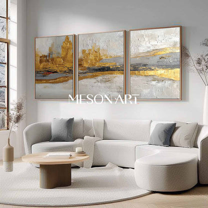 Modern Luxurious Abstract Canvas Wall Art Set Textured Gray and Golden Poainting