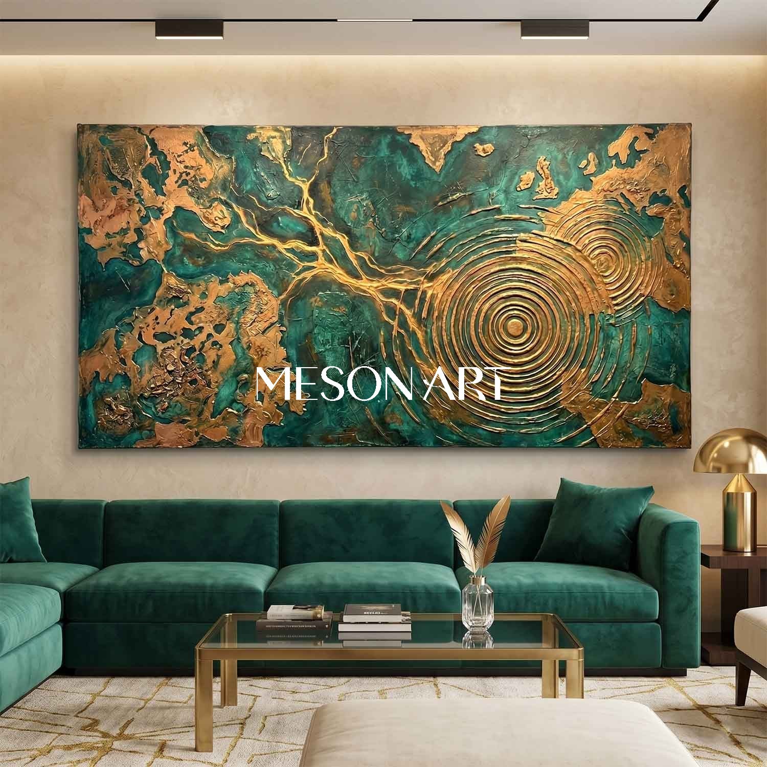 Large Green And Gold Abstract Painting With Textured Relief For Modern Living Room Decor