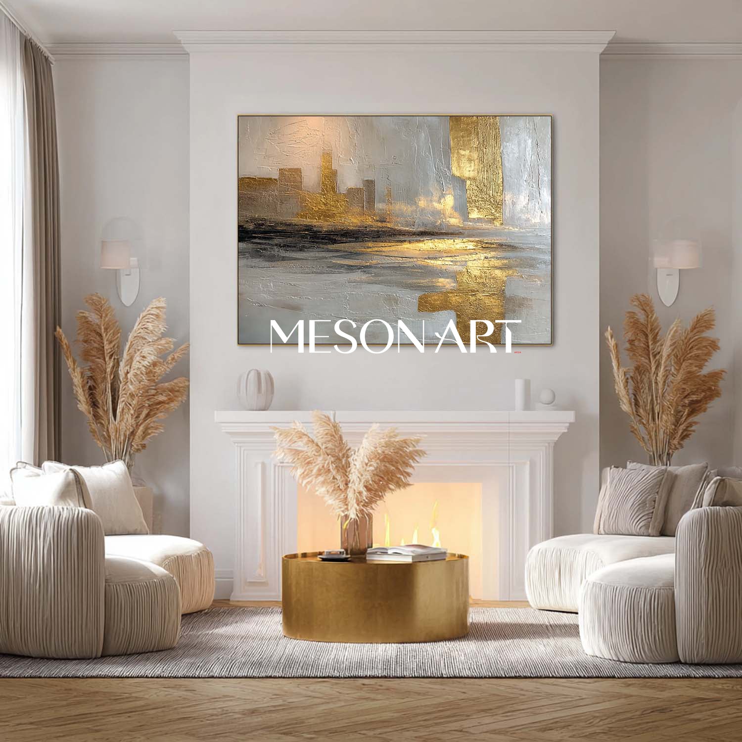 Textured Surreal City Skyline Painting Contemporary Gold-Accented Canvas Art