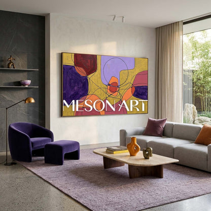 Contemporary Abstract Painting With Purple And Yellow For Modern Living Room Decor