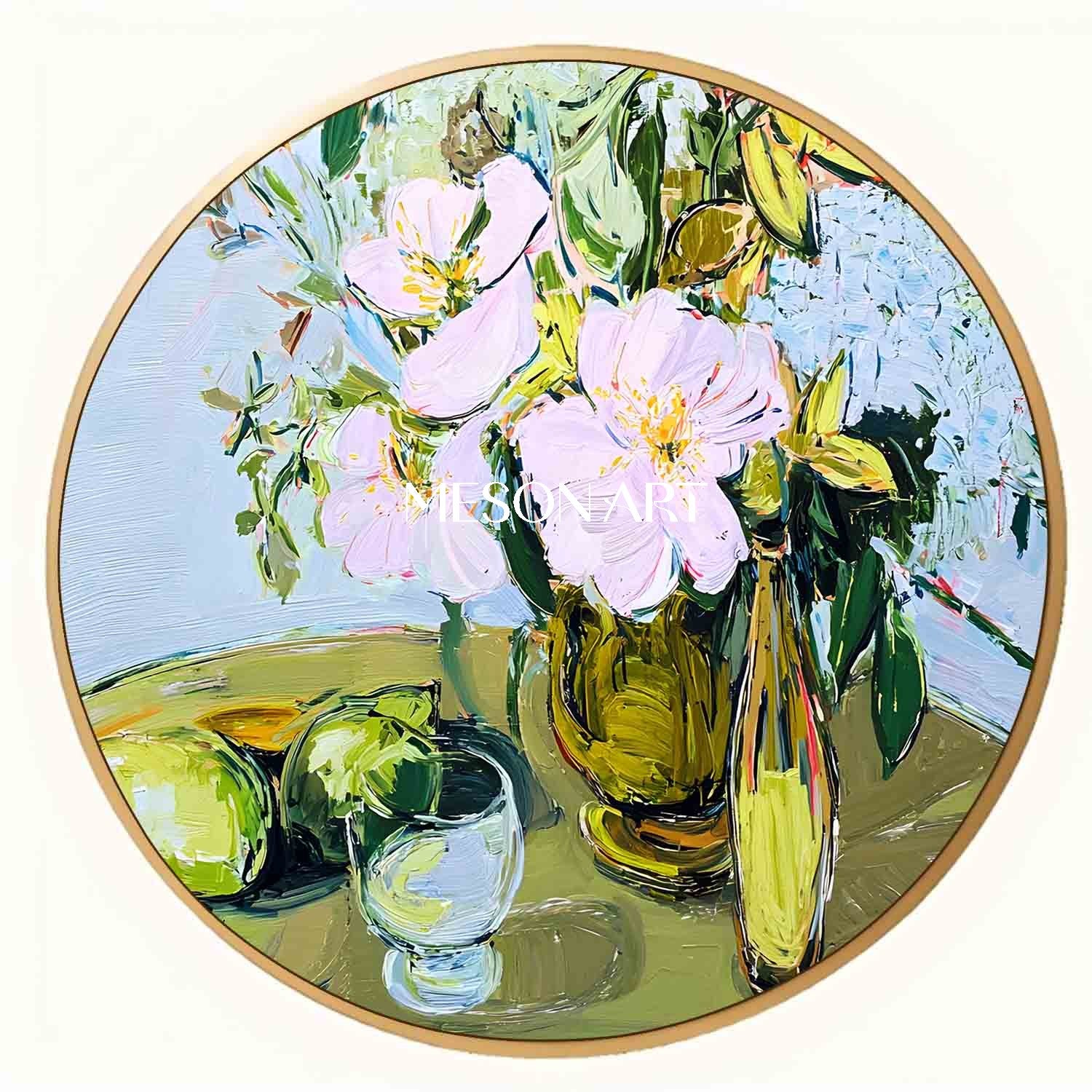 Round Floral Still Life Oil Painting – Vase, Fruit, and Glass