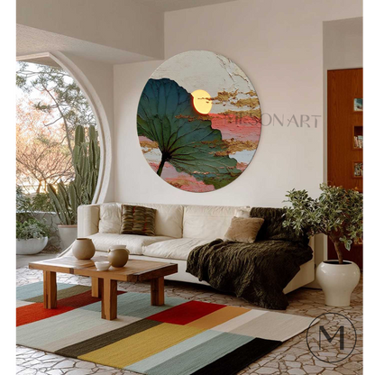 Wabi-Sabi Sunset Lotus Wall Art – Textured Round Canvas for Zen Interiors