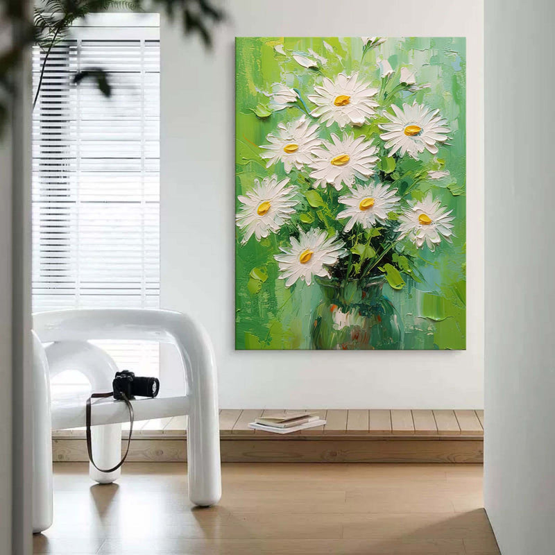 White Flowers Oil Paintings For Sale Green And White Vase Canvas Art Still Life Painting Texture Art