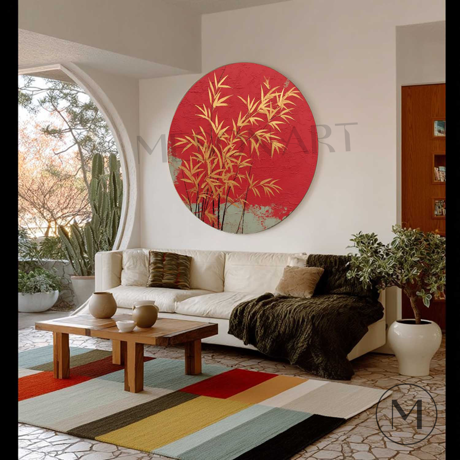 Luxury Round Wall Art with Bamboo Oriental Minimalist Zen Gold Bamboo on Red Textured Canvas