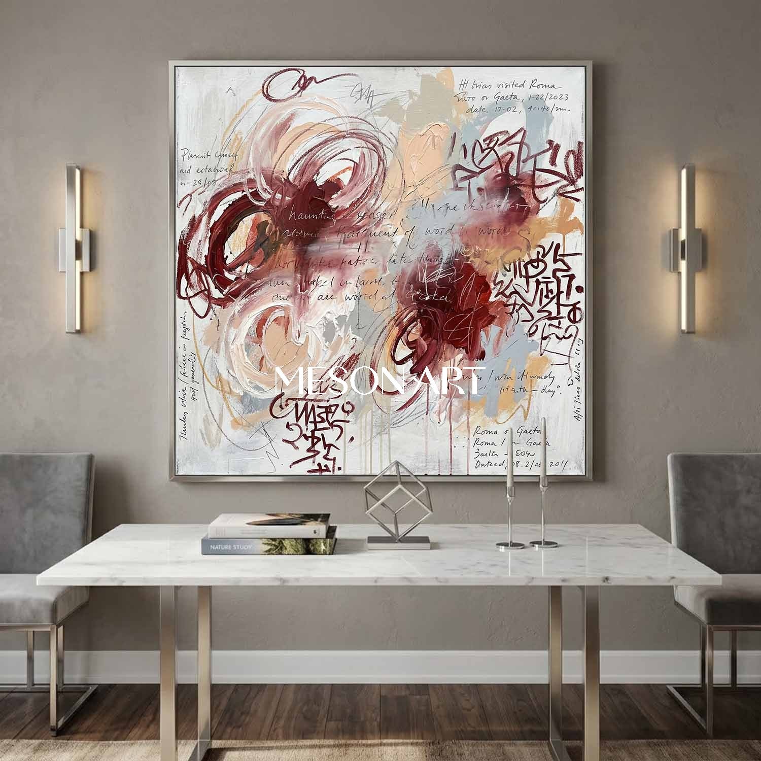 Original Abstract Expressionist Painting Burgundy Romantic Living Room