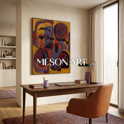 Contemporary Abstract Painting With Golden And Purple Hues For Modern Living Room Decor