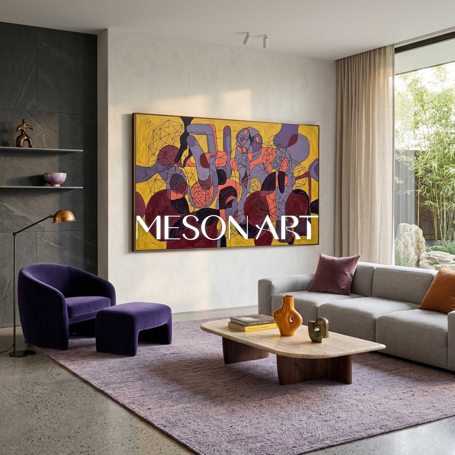 Contemporary Abstract Painting With Yellow And Purple Geometric Forms For Modern Living Room Decor