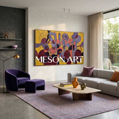 Contemporary Abstract Painting With Yellow And Purple Geometric Forms For Modern Living Room Decor