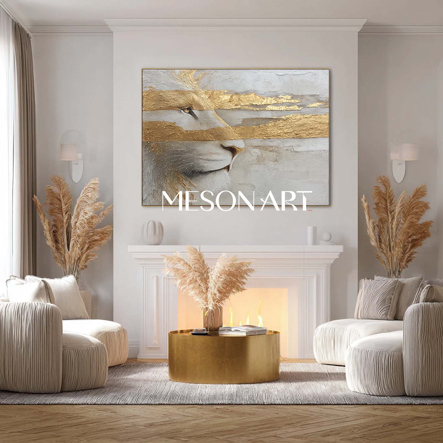 Luxury Lion Wall Art Golden Abstract Animal Painting for Modern Home Decor