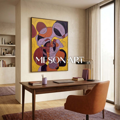 Contemporary Abstract Painting With Vibrant Yellow And Purple Hues For Modern Home Decor