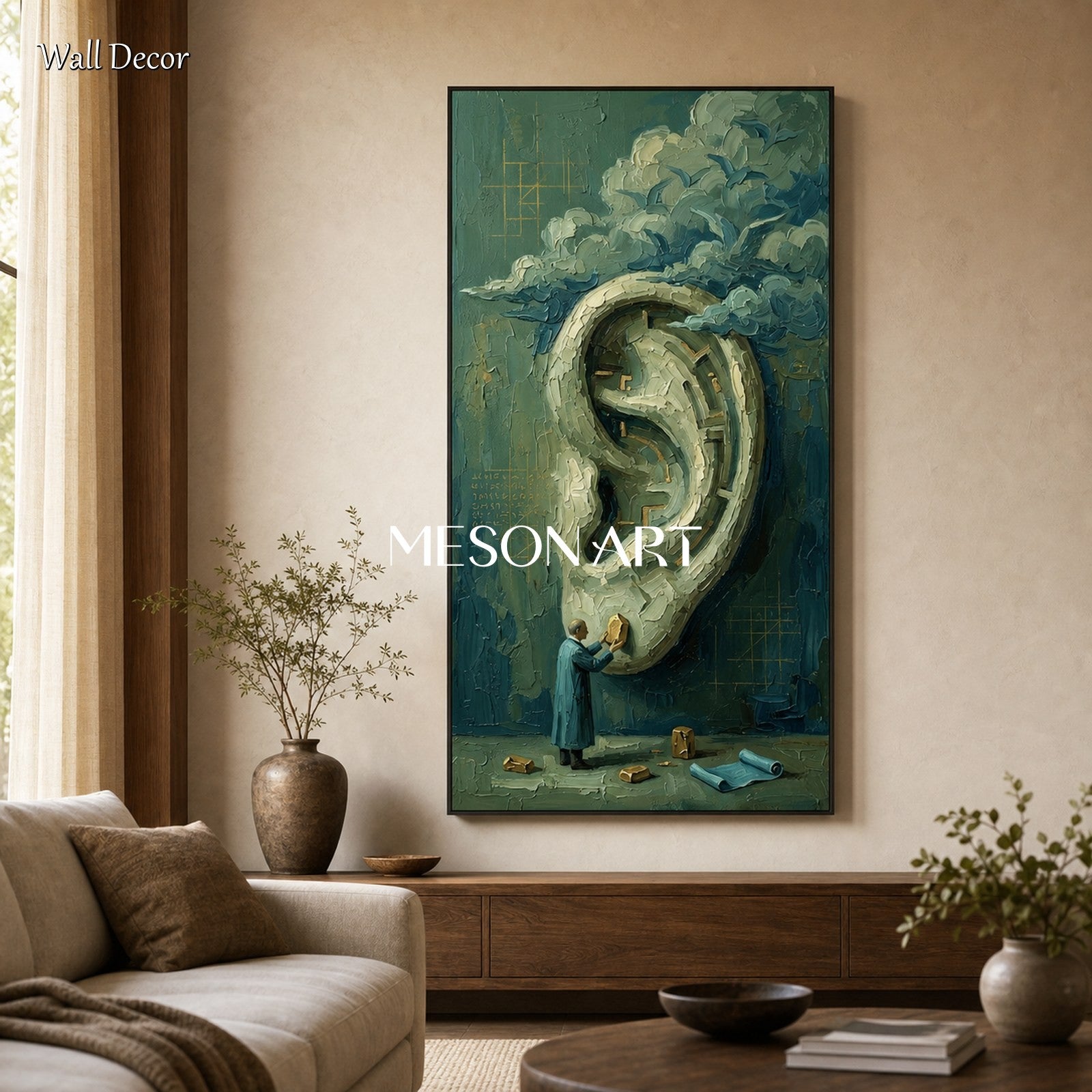 Surrealist Ear Painting With Textured Relief For Sophisticated Home Office Decor