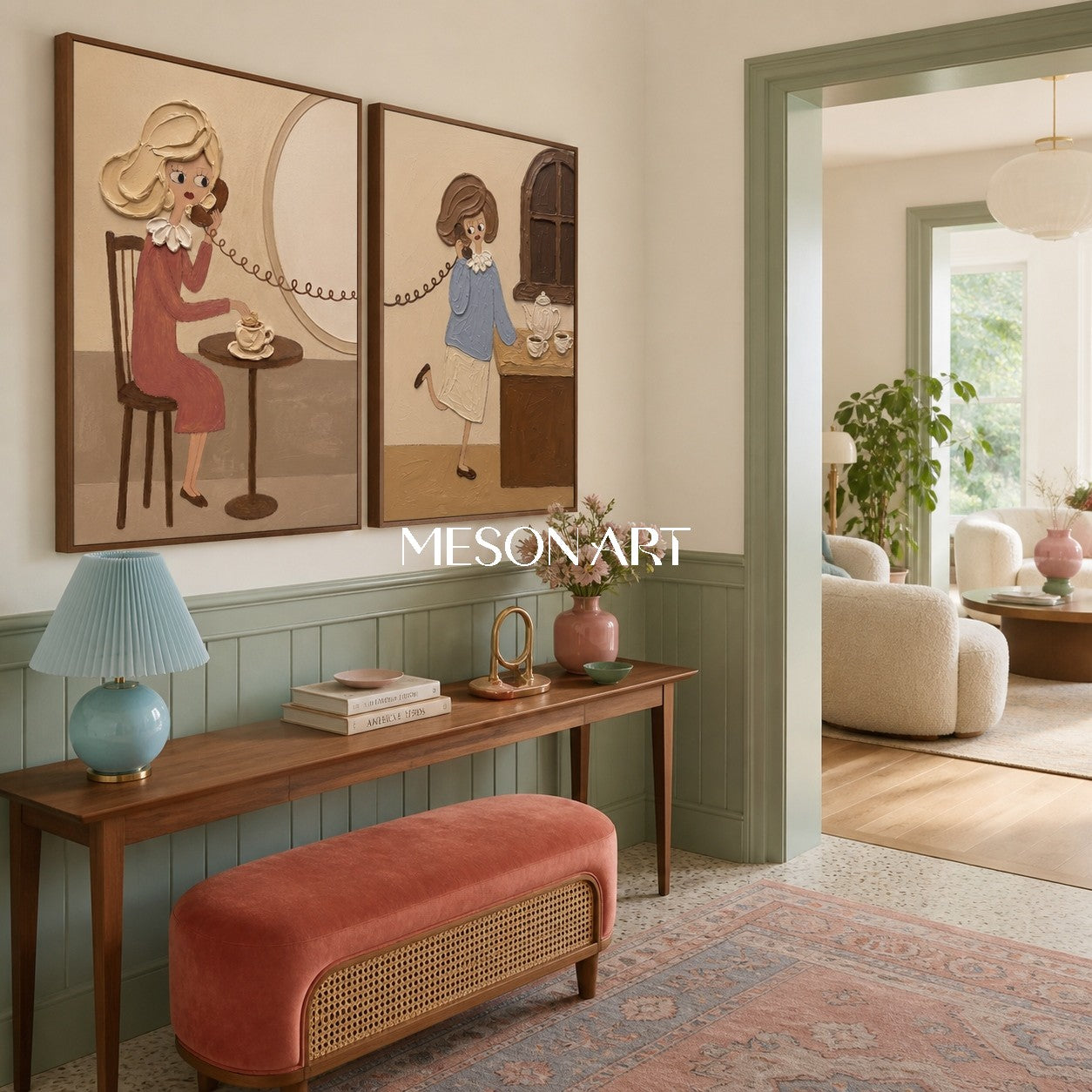 Vintage-Pop-Art-Gemälde für die Schlafzimmerwand mit strukturierten Figuren in Beige- und Rosatönen