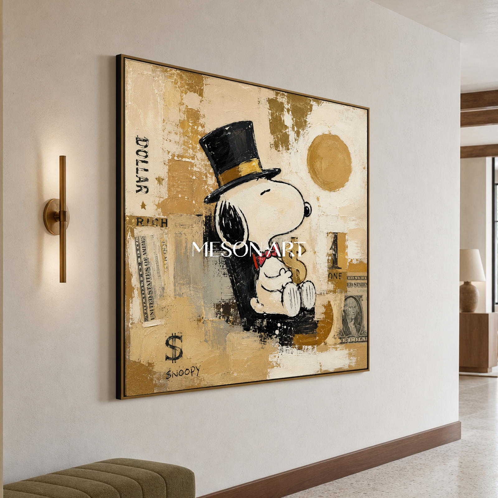 Snoopy Pop Art Painting With Gold Accents For Modern Living Room Decor
