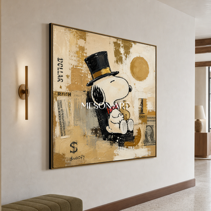 Snoopy Pop Art Painting With Gold Accents For Modern Living Room Decor