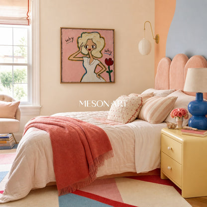 Whimsical Pink Pop Art Painting With Textured Brushwork For Bedroom Entryway Kids Room Decor