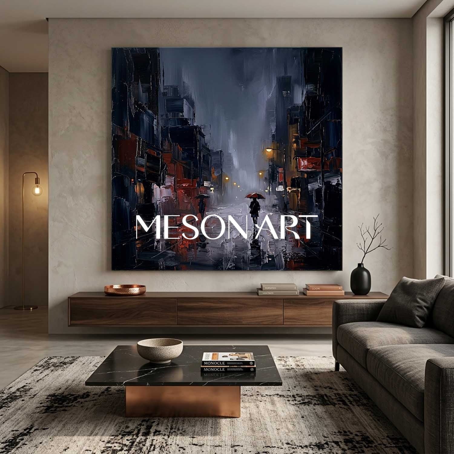 Abstract City Rain Painting With Plaster Texture For Modern Living Room And Office Decor