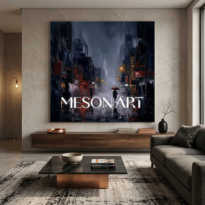 Abstract City Rain Painting With Plaster Texture For Modern Living Room And Office Decor
